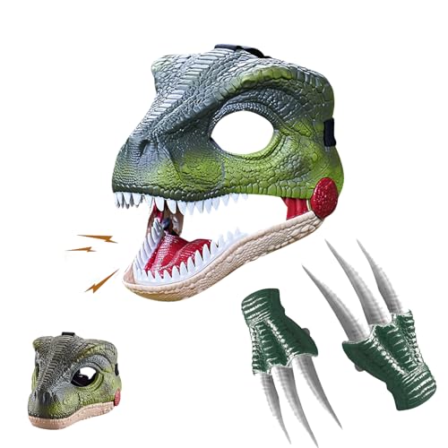 Dino Maske, Dino Mask mit 2 Krallen Dino Maske Mit Beweglichen Kiefer Halloween Maske mit Sound Dinosaurier Horror Maske Halloween Deko Dino Masken Spielzeug für Kinder Erwachsene (Grün) von Nexoria