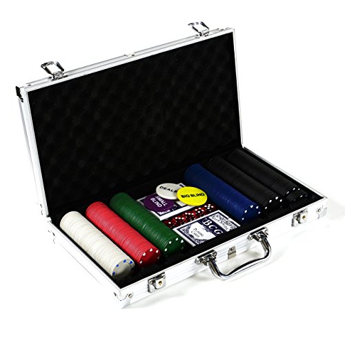 Nexos Trading Pokerkoffer Poker-Set mit 300 Poker-Chips im Alu Koffer mit 2 Schlüssel Silber inkl. 2 Kartendecks 1 Dealer Button 5 Würfel von Nexos Trading