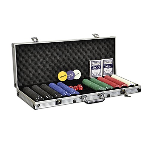 Nexos Trading Pokerkoffer Starter-Poker-Set mit 500 Poker-Chips im Alu Koffer mit 2 Schlüssel Silber inkl. 2 Kartendecks 1 Dealer Button 5 Würfel von Nexos Trading