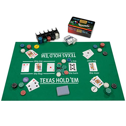 Nexos Trading Poker Starter-Set Pokerset mit 200 Chips in Geschenk-Box aus Metall inkl. Spielmatte 2 Decks Pokerkarten Dealer Button Small Blind Big Blind Chiptray von Nexos Trading