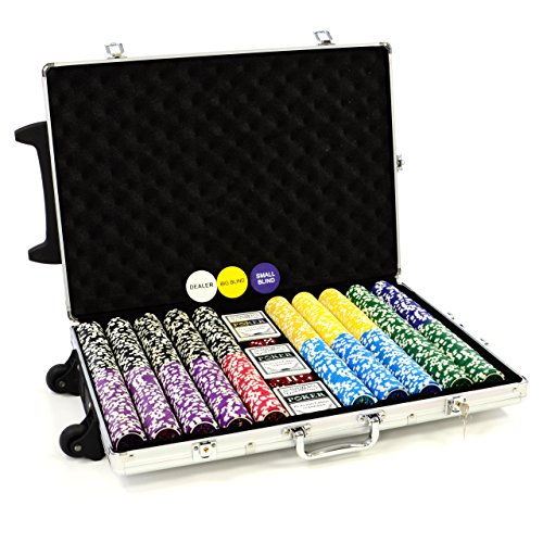 Nexos Trading Trolley Pokerkoffer 1000 Chips Laser Pokerchips Poker Komplett Set Trolley Koffer aus Aluminium mit Schloss + Schlüssel + Griff und Rädern 11g Chip mit Metallkern inkl. Kunststoffkarten von Nexos Trading