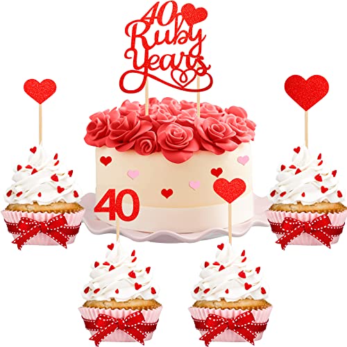 Nezyo Rubinhochzeit Tortendekoration 40. Hochzeitstag Cake Topper 40. Hochzeitstag Torten Deko für 40. Rubinhochzeit Geschenke 40 Ruby Years Glitzer Rubinherzen 40 Jahre Hochzeit Kuchendeko von Nezyo