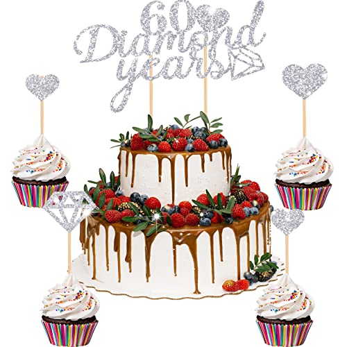 Nezyo 13 Stücke 60 Diamond Years Cake Topper 60. Hochzeit Kuchendeckel Herz Jubiläums Tortendeko Torten Kuchen Kuchendeko Diamantenes Jubiläum Dekoration für Geburtstag von Nezyo