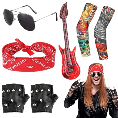 Nhemeylp Rockstar Kleid für Rockliebhaber, Party-Kostüm-Zubehör-Set mit 1 Retro-Sonnenbrille, 1 Stirnband, 1 aufblasbare Gitarre, 2 Handschuhe, 2 Beinstulpen, Disco-Outfit für Partykleid von Nhemeylp