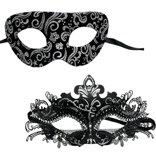 Nhgkju 2 Stück Venezianische Maske Damen & Männer Paar Kombi Set Abschlussball Ankleiden Requisiten Karneval Party (Schwarz & Silber) von Nhgkju