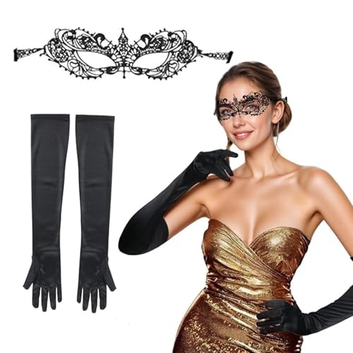 Nhgkju Spitze Augenmaske mit langen Handschuhen, 1 Satz Gothic Maskerade Maske Set für Frauen Karneval Cocktail Party Cosplay Kostüm Zubehör, Schwarz von Nhgkju