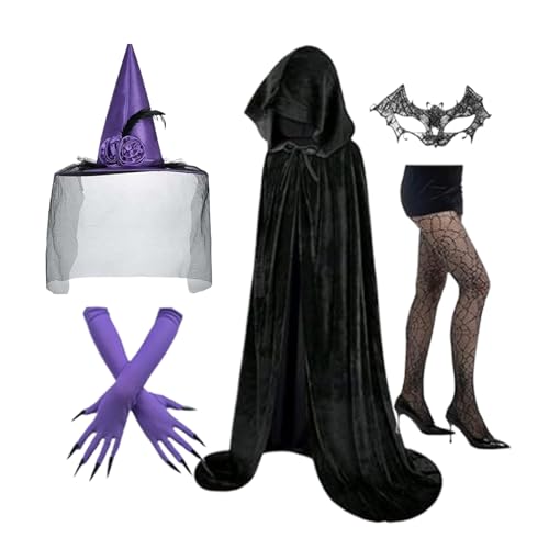 Nhujevkom Hexenkostüm Damen,Hexen Umhang-Set - Gothic Handschuhe Hut Spitzenmaske Socken Halloween Fest Rollenspiel Nhujevkom Hexenkostüm Damen,Hexen Umhang-Set - Gothic Handschuhe Hut Spitzenmaske Socken Halloween Fest Rollenspiel von Nhujevkom