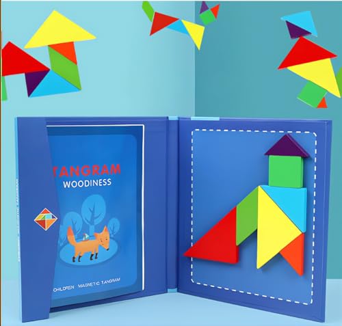 Geometrie Spiele Musterblöcke,Reise Tangram Puzzle,Tangram Magnetisch Puzzle Buch 96 Möglichkeiten zu Spielen Trainiere Das Gehirn,Tangram Holzpuzzles für Kinder und Erwachsene (Blau) von NiC IS COCNG