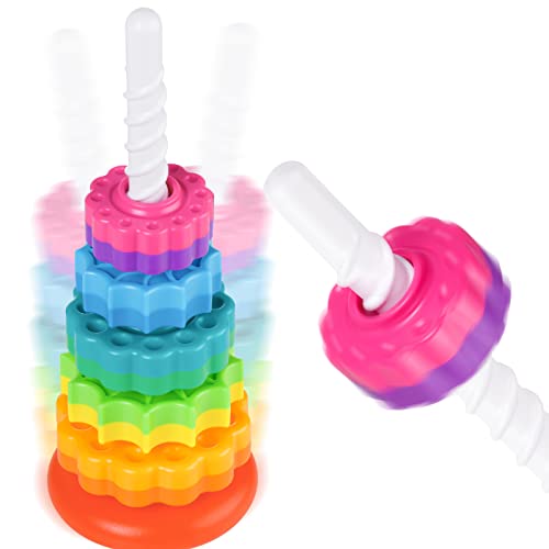 NiToy 35cm Stapelturm mit Drehfunktion, Regenbogen-Stapelringe Spielzeug für Kinder, Zweifarbige drehende Räder, Lernspielzeug aus BPA-frei ABS-Kunststoff zur Frühen Förderung und Gehirnentwicklung von NiToy