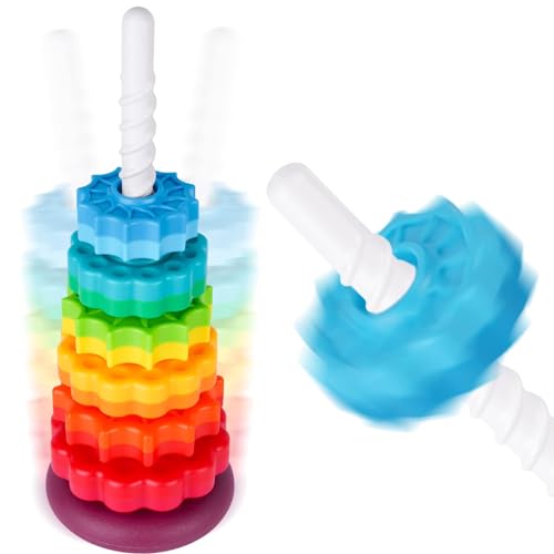 NiToy 41cm Stapelturm mit Drehfunktion, Regenbogen-Stapelringe Spielzeug für Kinder, Zweifarbige drehende Räder, Lernspielzeug aus BPA-freiem ABS-Kunststoff zur frühen Förderung und Gehirnentwicklung von NiToy