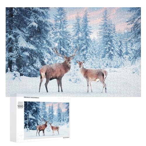 Puzzles für Erwachsene 1000 Teile, Hirsch im Winterwald Jigsaw Puzzle Spaß Familie Herausfordernde Puzzles Puzzlespiel von Niapessel