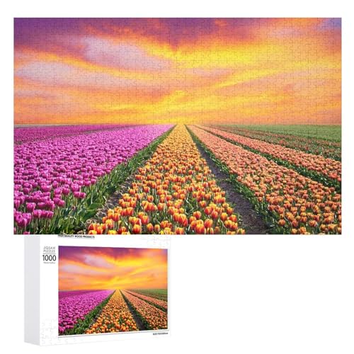 Puzzles für Erwachsene 1000 Teile, Landschaft Tulpenfelder Sonnenuntergang Jigsaw Puzzle Spaß Familie Herausfordernde Puzzles Puzzlespiel von Niapessel