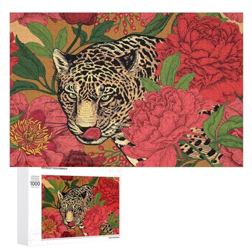 Puzzles für Erwachsene 1000 Teile, Leopard und Pfingstrosen Floral Jigsaw Puzzle Spaß Familie Herausfordernde Puzzles Puzzlespiel von Niapessel