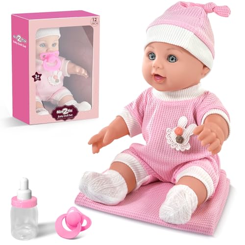 30cm Baby Puppe ab 1 Jahren, Baby Puppen Set mit Zubehör Enthält Abnehmbares Rosa Kleidung Outfit mit Hut, Schnuller & Flasche, Decke, Erste Baby Born Puppen Playset Spielzeug in Geschenk-Box von Nice2you