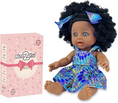 Nice2you 10 Zoll Schwarze Puppe für Mädchen, 25cm Afrikanische Babypuppe mit lockigem Haar, Puppen Spielzeug für Kinder Alter 2 3 4 5 Jahre, Reborn Baby Doll mit Mode Dressing 10in Blau blue-10 von Nice2you