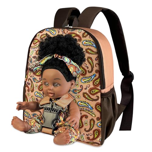 Nice2you Schwarze Babypuppe zum Mitnehmen, 25,4 cm, amerikanische afrikanische Mädchenpuppe für Kleinkinder und Kinder im Alter von 1–3, 2, 4, 5 Jahren, Rucksack für Babypuppenzubehör, Aufbewahrung von Nice2you