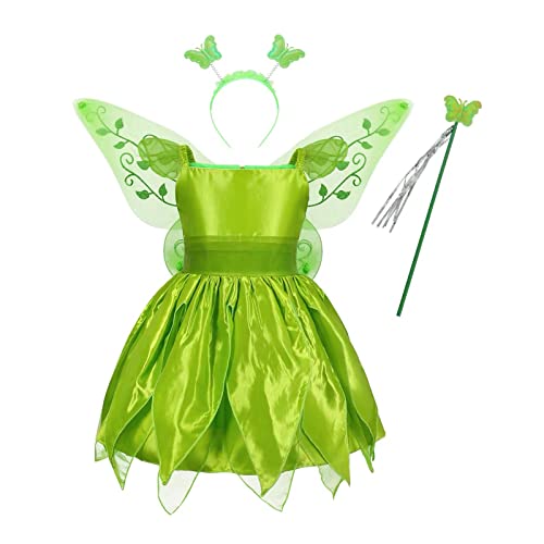 Girls Green Fairy Halloween Cosplay Costume,Green Sleeveless Dress with Butterfly Wings Pannier Fairy Stick Dress up Outfits (Green01, 3-4T) von Niceyoeuk