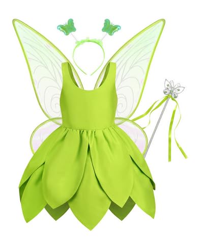 Girls Green Fairy Halloween Cosplay Costume,Green Sleeveless Dress with Butterfly Wings Pannier Fairy Stick Dress up Outfits (Green02, 3T) von Niceyoeuk