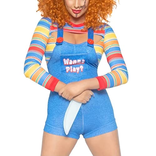 Halloween-Kostüme für Damen, gruseliger Albtraum-Killer, Puppe, Wanna Play, Filmfigur, Bodysuit, Chucky-Puppe, Cosplay-Kostüm-Set (Blau, L) von Niceyoeuk