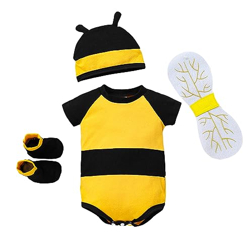 Newborn Baby Bee Halloween Cosplay Costume, Short Sleeve Honeybee Romper + Hat + Wings + Socks Set (Yellow, Newborn) von Niceyoeuk