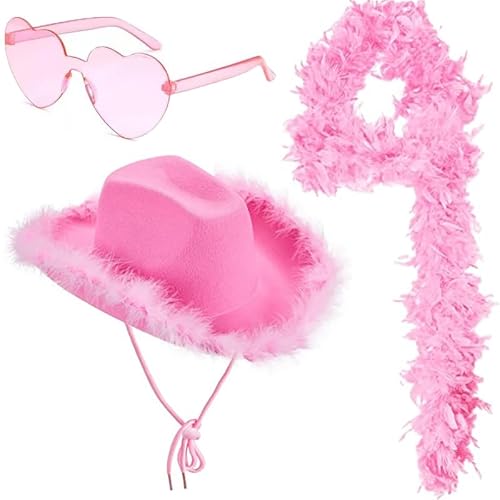 Niceyoeuk Cowboyhüte mit Federkrempe, Cowgirl-Hut mit Herz-Sonnenbrille und Federstreifen, für Damen, Mädchen, Cowboyhüte, Halloween, Cosplay, Party, Rosa, Einheitsgröße, 3 Stück von Niceyoeuk