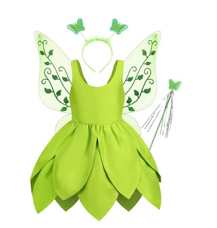 Niceyoeuk Girls Green Fairy Halloween Cosplay Costume Sleeveless Short Dress with Butterfly Wings,Wand,Hair Hoop Outfits (Green03, 3T) von Niceyoeuk