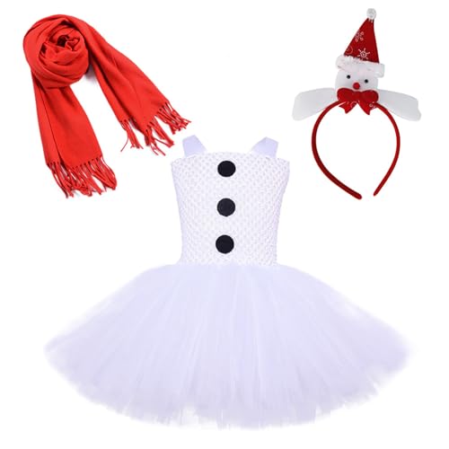 Niceyoeuk Schneemann-Cosplay-Kostüm-Set für Mädchen, Tüllkleid mit Cartoon-Kopfbedeckung und rotem Schal für Weihnachten, Cosplay, Party, Gastgeschenk (Weiß, 2–3 Jahre) von Niceyoeuk