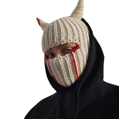 Niceyoeuk Uni Y2K Strickmütze Halloween Cosplay Kostüm Teufelshorn 1 Loch Sturmhaube Winter Warm Winddicht Beanie Cap (Off White, Einheitsgröße) von Niceyoeuk