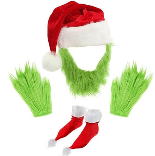 Niceyoeuk Weihnachtskostüme für Erwachsene, Kontrastfarbe, Cartoon-Hüte für Damen und Herren, Maskerade, Rollenspiel, Party, Cosplay, Outfits (Rot, 4-teiliges Set, Einheitsgröße) von Niceyoeuk