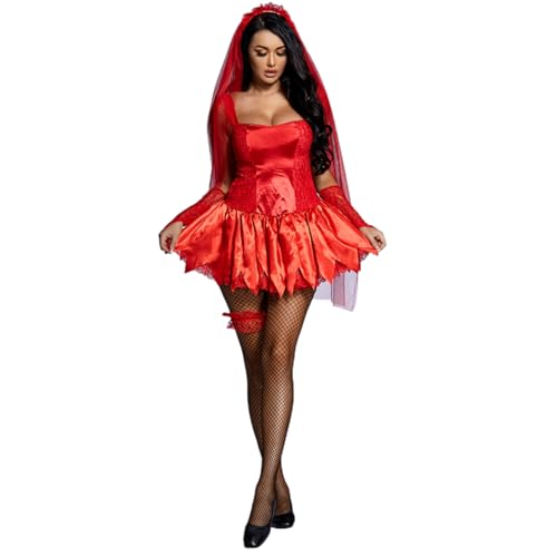 Niceyoeuk Women Ghost Bride Halloween Cosplay Costumes Fancy Party Dress with Veil & Arm Sleeves & Leg Circle (Red, M) von Niceyoeuk