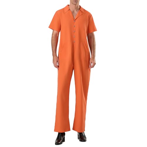 Niceyoeuk Women Men Prisoner Halloween Cosplay Costume,Oranger Button Closure Short Sleeve Jail Jumpsuit (Orange Men, L) von Niceyoeuk