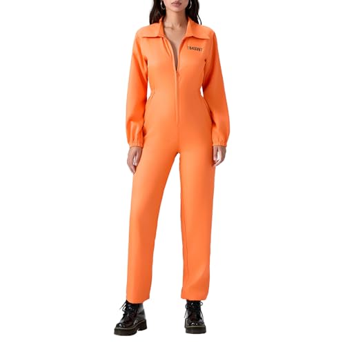 Niceyoeuk Womens Halloween Prisoner Cosplay Costume Number Print Long Sleeve Lapel Front Zipper Overalls Jumpsuit Jail Criminal Clothes (Orange Women, XXL) von Niceyoeuk