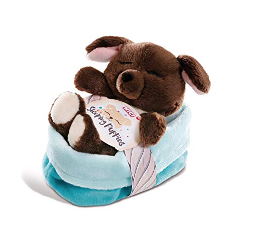 NICI 45372 Kuscheltier Sleeping Puppies Hund 12cm, Flauschiges Plüschtier im blau-grünen Körbchen, süßes Stofftier für Kinder und Kuscheltierliebhaber, braun/türkis von NICI