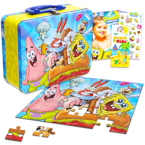 Spongebob Lunchbox aus Blech, Puzzle-Bundle – Spongebob Schwammkopf Lunchbox mit Spongebob-Puzzle, 48 Teile für Kinder plus Tattoos, Aufkleber, mehr | Spongebob Schulbedarf-Set für Kinder von Nickelodeon