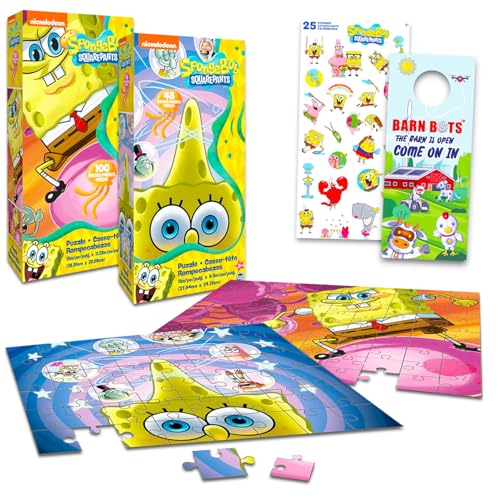 Spongebob Schwammkopf-Puzzle, 2er-Pack, Bündel mit 2 Spongebob-Puzzles mit Aufklebern, mehr (48 Stück, 100 Stück) | Spongebob Aktivitätsset für Kinder von Nickelodeon