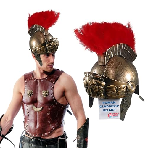 Nicky Bigs Novelties Römischer Helm für Erwachsene mit roten falschen Federn, griechische Gladiatorenfedern, Trojaner-Helm, Gold, Einheitsgröße von Nicky Bigs Novelties