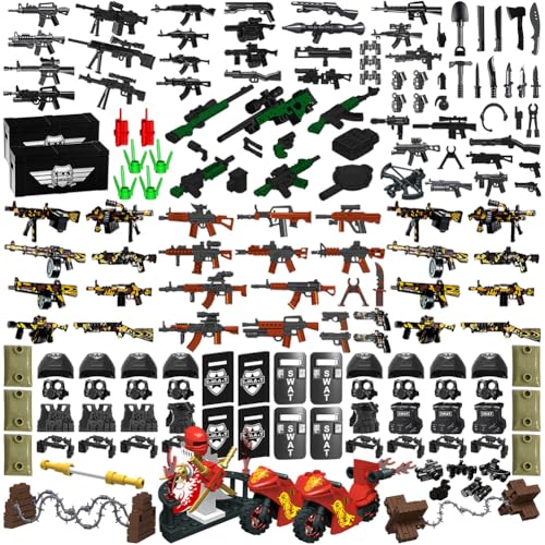 Waffenpaket 225-teiliges Zubehör Militärwaffenset inkl. Helm, Körperschutz, Umhang und Motorrädern, entwickelt für Minifiguren, kompatibel mit Minifiguren Aller großen Marken (SWAT-Waffe) von Nicolababe