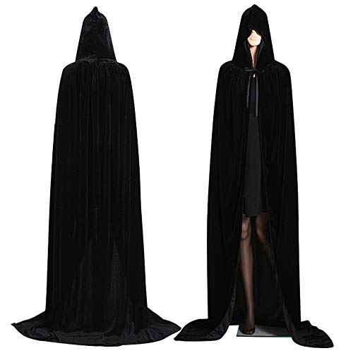 Nicole Knupfer Vampir Umhang mit Kapuze,Unisex Lange Kapuzenumhang Cape Umhang Erwachsene Kinder Samt Kostüm Für Halloween Mittelalter Pagan Fasching Cosplay Party (Schwarz,XL: 170CM) von Nicole Knupfer