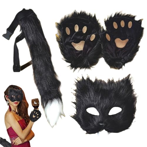 Niktule Katze Ther-ian Maske Und Schwanz Handschuhe Set, Pelzmaske, Pelzkostüme Für Kinder, Kunstpelz Katze Halbgesichtsbedeckung, Pelziges Pfoten- Und Schwanzset, Pelziges Kostümset Für Halloween von Niktule