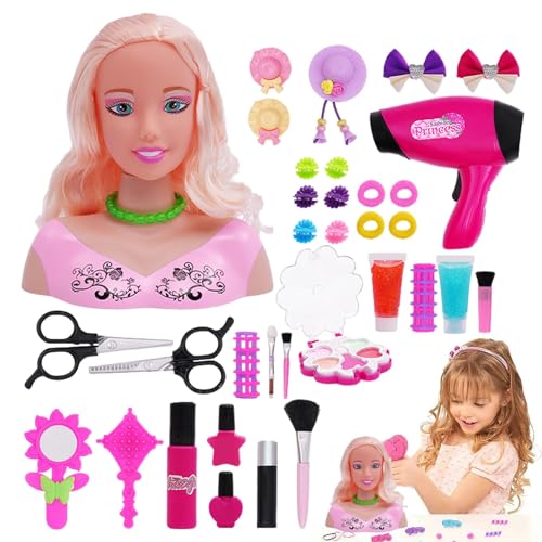 Niktule Puppenkopf für Haarstyling-Kinder,Interessanter Puppen-Stylingkopf - Multifunktionales Simulations-Haarstyling-Set, 36-teiliges Mädchen-Kopfschmuck-Spielzeug-Set, lehrreich für Kinder von Niktule