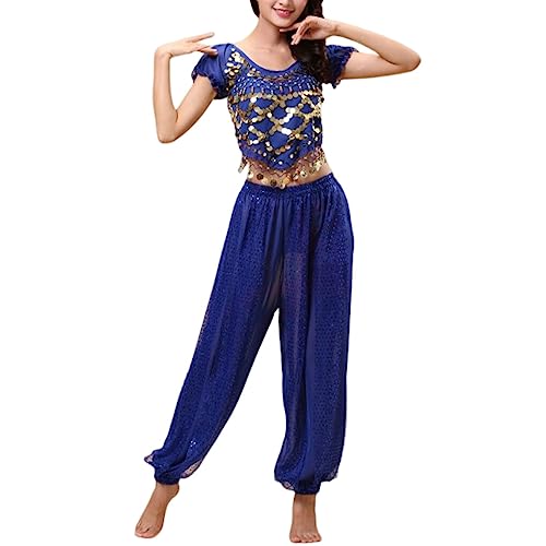 Nilioyul Indische Bauchtanzhose Tanzender Rücken Top Kostüm Set Professionelle Ärmel Damen Modisch Bauchtanz Mädchen, Dunkelblau, S von Nilioyul