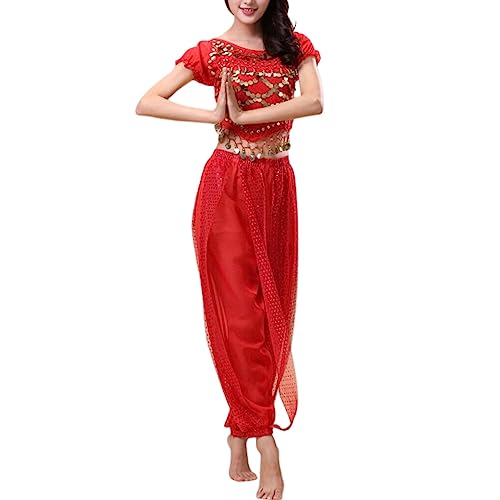 Nilioyul Indische Bauchtanzhose Tanzender Rücken Top Kostüm Set Professionelle Ärmel Damen Modisch Bauchtanz Mädchen, Rot, S von Nilioyul