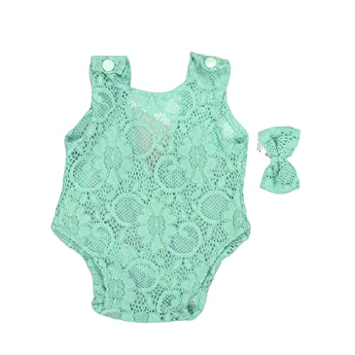 Nilioyul Neugeborene Fotografie Requisiten Baby Spitzen Outfit Stirnband mit Bowknot Mädchen Kleidung Bodysuit Säuglingskostüm Geburtszubehör, Grün von Nilioyul