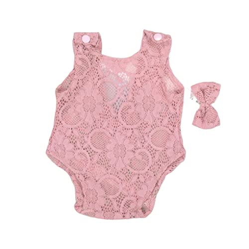 Nilioyul Neugeborene Fotografie Requisiten Baby Spitzen Outfit Stirnband mit Bowknot Mädchen Kleidung Bodysuit Säuglingskostüm Geburtszubehör, Rosa von Nilioyul