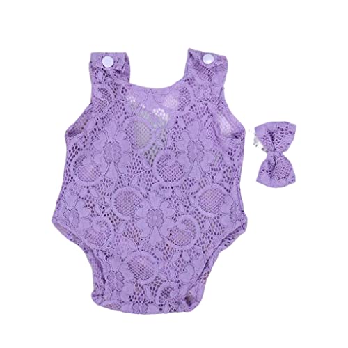 Nilioyul Neugeborene Fotografie Requisiten Baby Spitzen Outfit Stirnband mit Bowknot Mädchen Kleidung Bodysuit Säuglingskostüm Geburtszubehör, Violett von Nilioyul