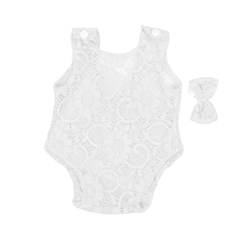 Nilioyul Neugeborene Fotografie Requisiten Baby Spitzen Outfit Stirnband mit Bowknot Mädchen Kleidung Bodysuit Säuglingskostüm Geburtszubehör, Weiß von Nilioyul