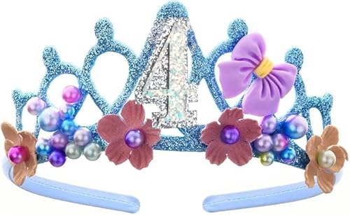 4. Geburtstag Krone für Mädchen, 4. Tiara für Geburtstag Krone mit Schleife Perle Blumen 4 Jahre alt Einweg von Niltracy