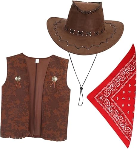 Niltracy 1 Set Cowboy-Outfit für Kinder, Cowboy-Weste, Halloween, Cowboy-Kostüm, Cowboy-Kostüm, Cowboyhut für Kinder, Cowboy-Kostüm für Jungen, braune Weste, Kinder-Kostüm, Stoff von Niltracy