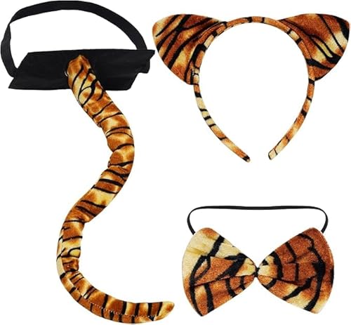 Niltracy 3-teiliges Tiger-Kostüm-Set, Tigerohren, Stirnband, Fliege und Schwanz, Tier-Tiger-Zubehör für Halloween, Verkleidungsparty von Niltracy