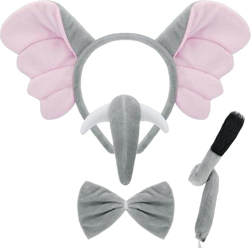 Niltracy 4-teiliges Elefanten-Kostüm-Zubehör-Set, Elefantenohren, Stirnband, Rumpf, Schwanz, Fliege, Geschenk für Halloween, Tierrequisiten, Verkleidungsparty von Niltracy